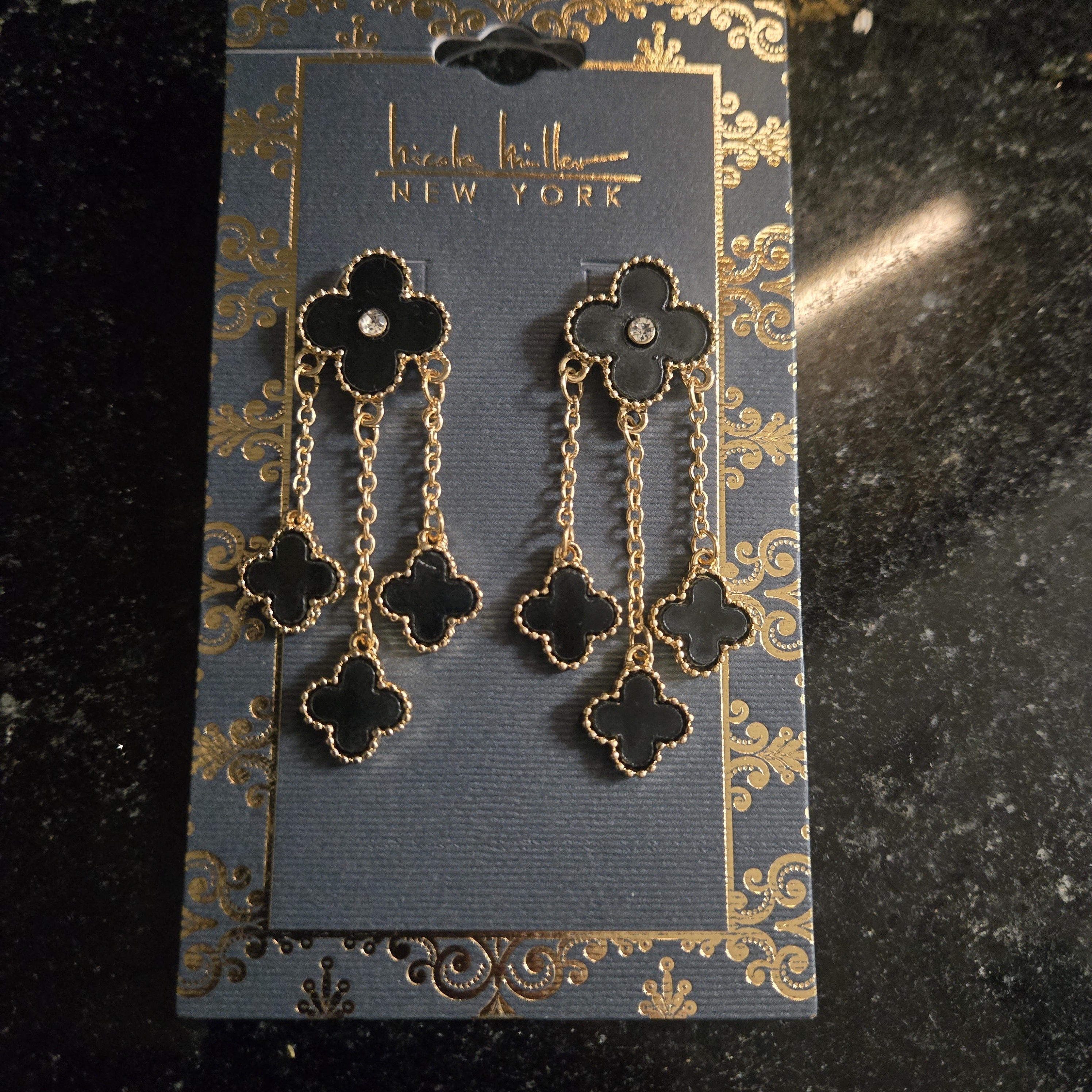 Nicole Miller Black And Gold Floral Dangle Earrings